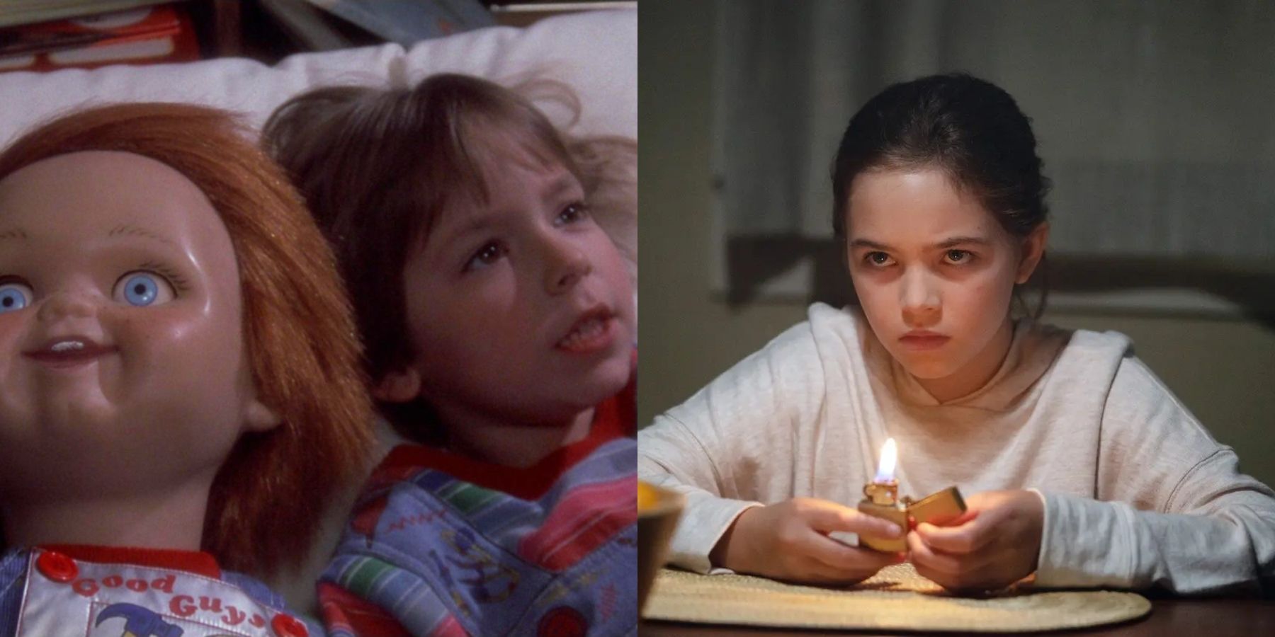 Split image of Chucky the doll and Andy in Child's Play (1988) and Charlie holding a flame in Firestarter (2022)