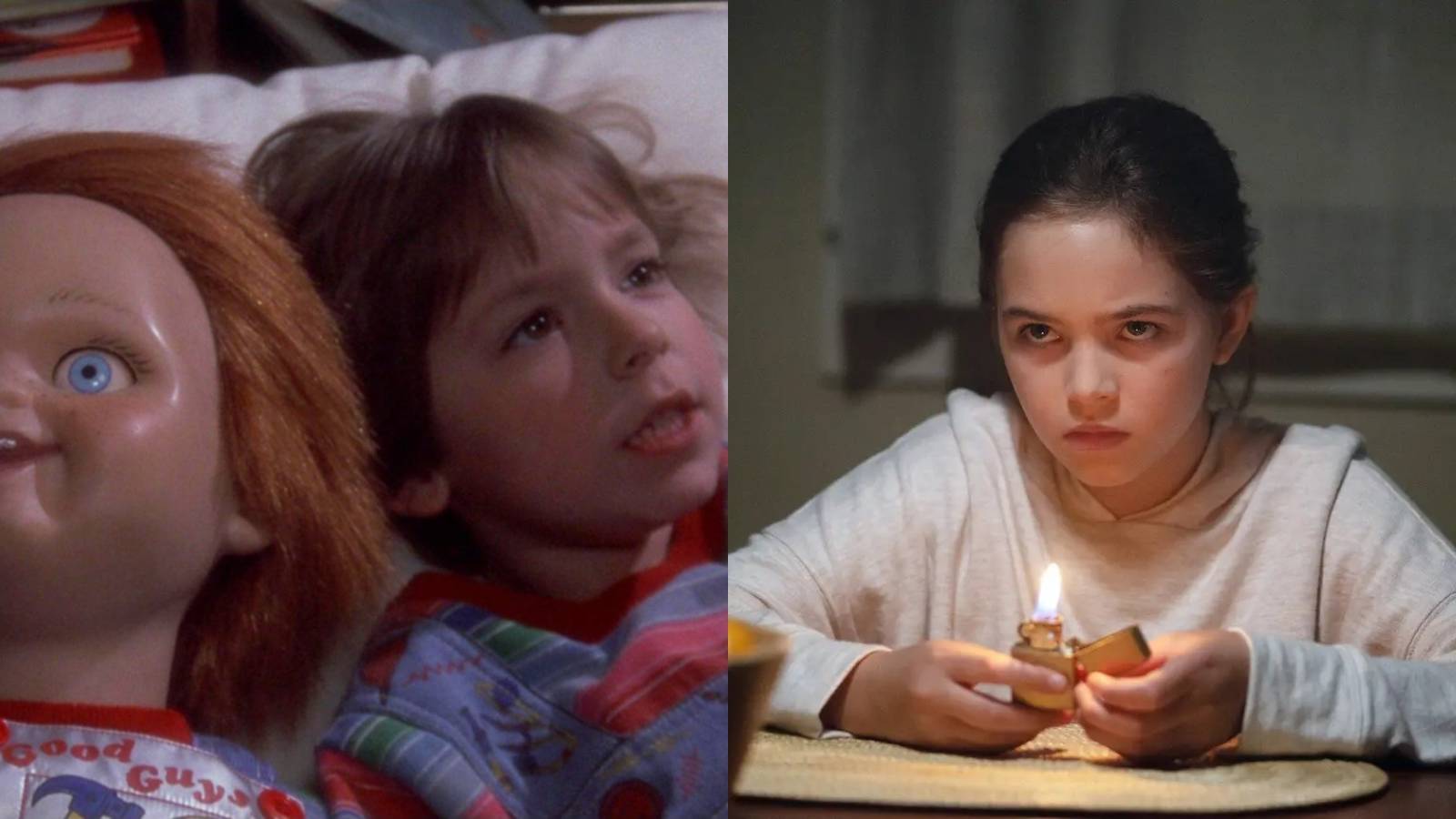 Split image of Chucky the doll and Andy in Child's Play (1988) and Charlie holding a flame in Firestarter (2022)