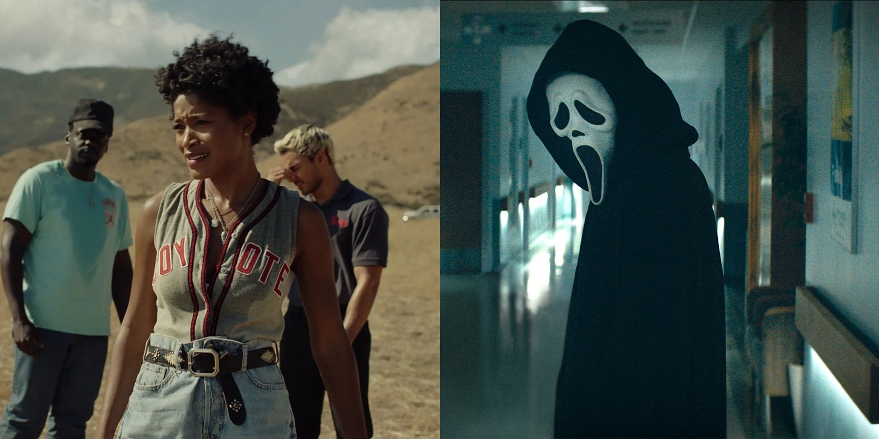 Split image of characters from Nope and Ghostface from Scream (2022)