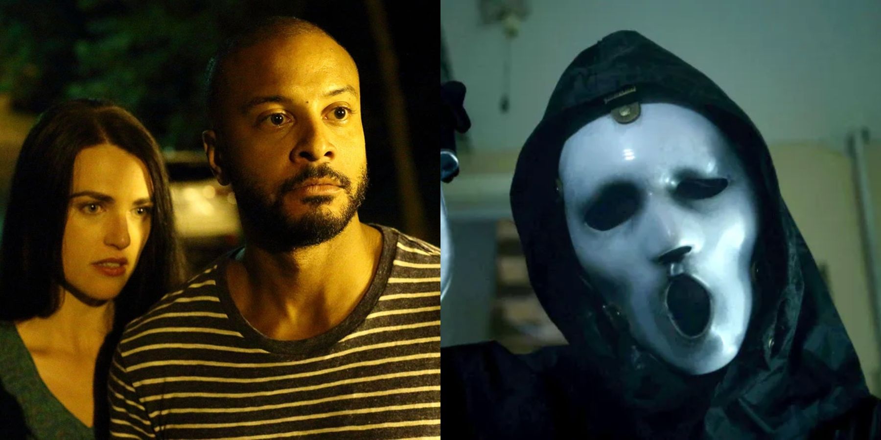 Split image of Sarah and Dylan in season 1 of Slasher and Ghostface in MTV's Scream
