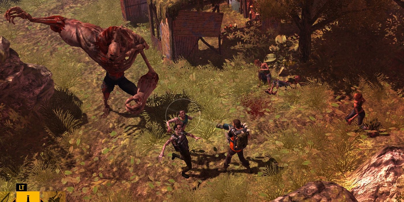 Character Shoots Mutant While Zombies Approach From Behind
