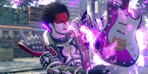 Yakuza: Like a Dragon protagonist Ichiban Kasuga holding a bass guitar with the Devil Rocker job equipped