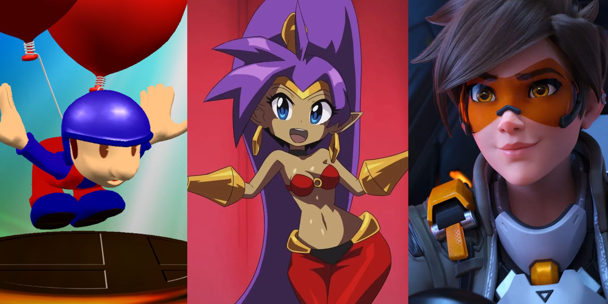 A Balloon Fighter trophy in Melee; Shantae in a cutscene from a Shantae game; Tracer in an animatic for Overwatch 2