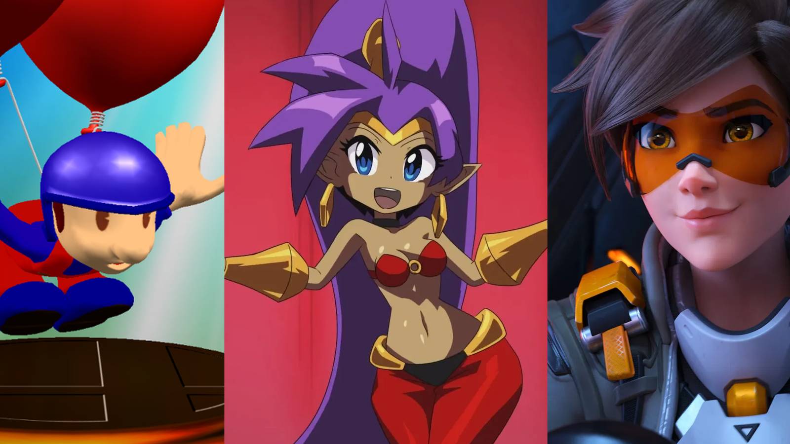 A Balloon Fighter trophy in Melee; Shantae in a cutscene from a Shantae game; Tracer in an animatic for Overwatch 2