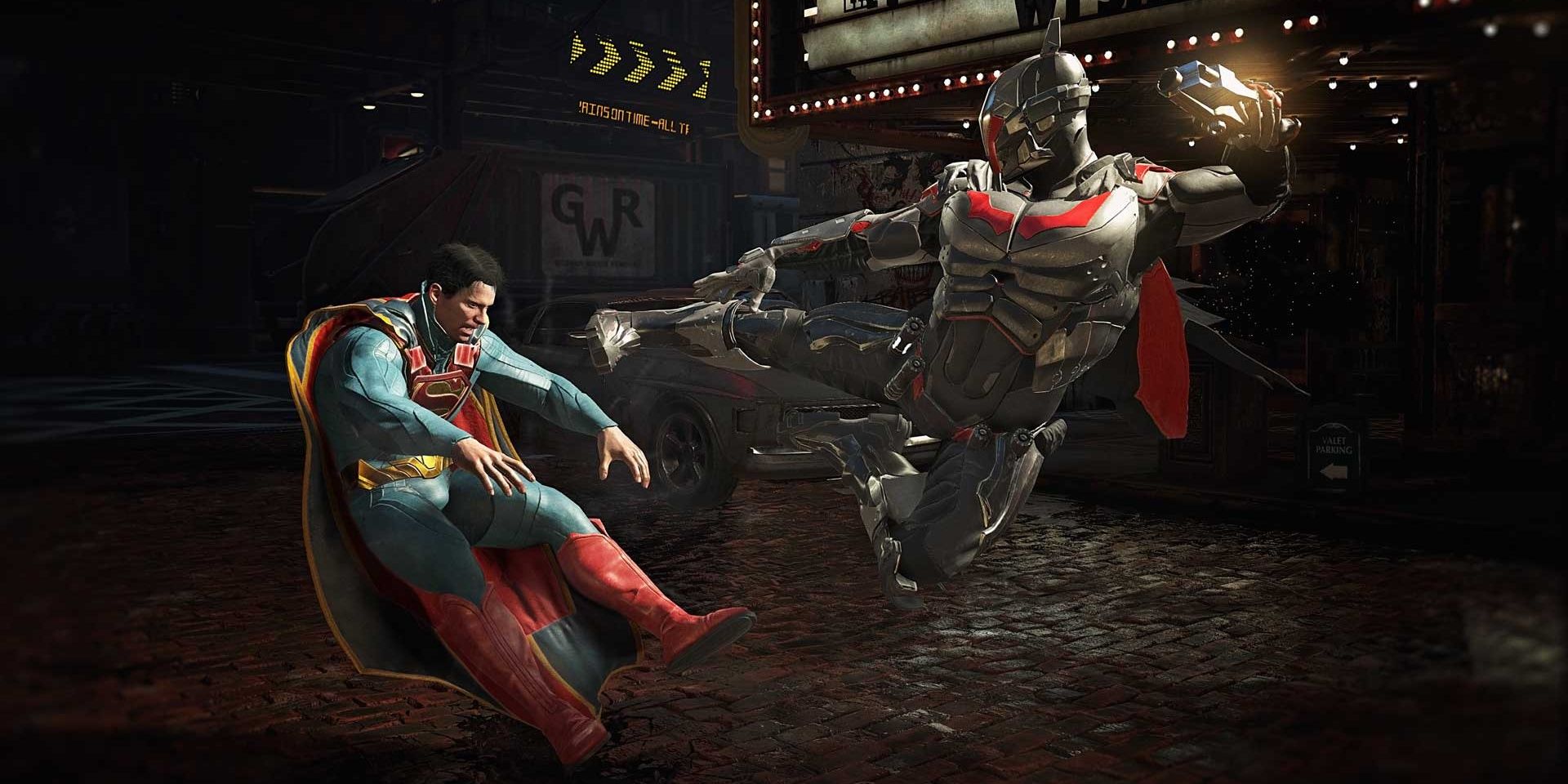 Batman kicking Superman in Injustice 2