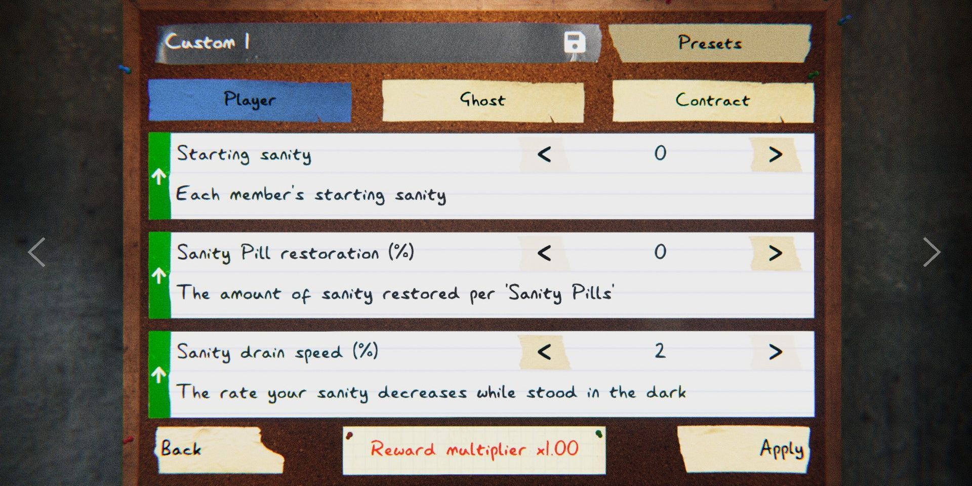The Insanity challenge settings for the player in Phasmophobia