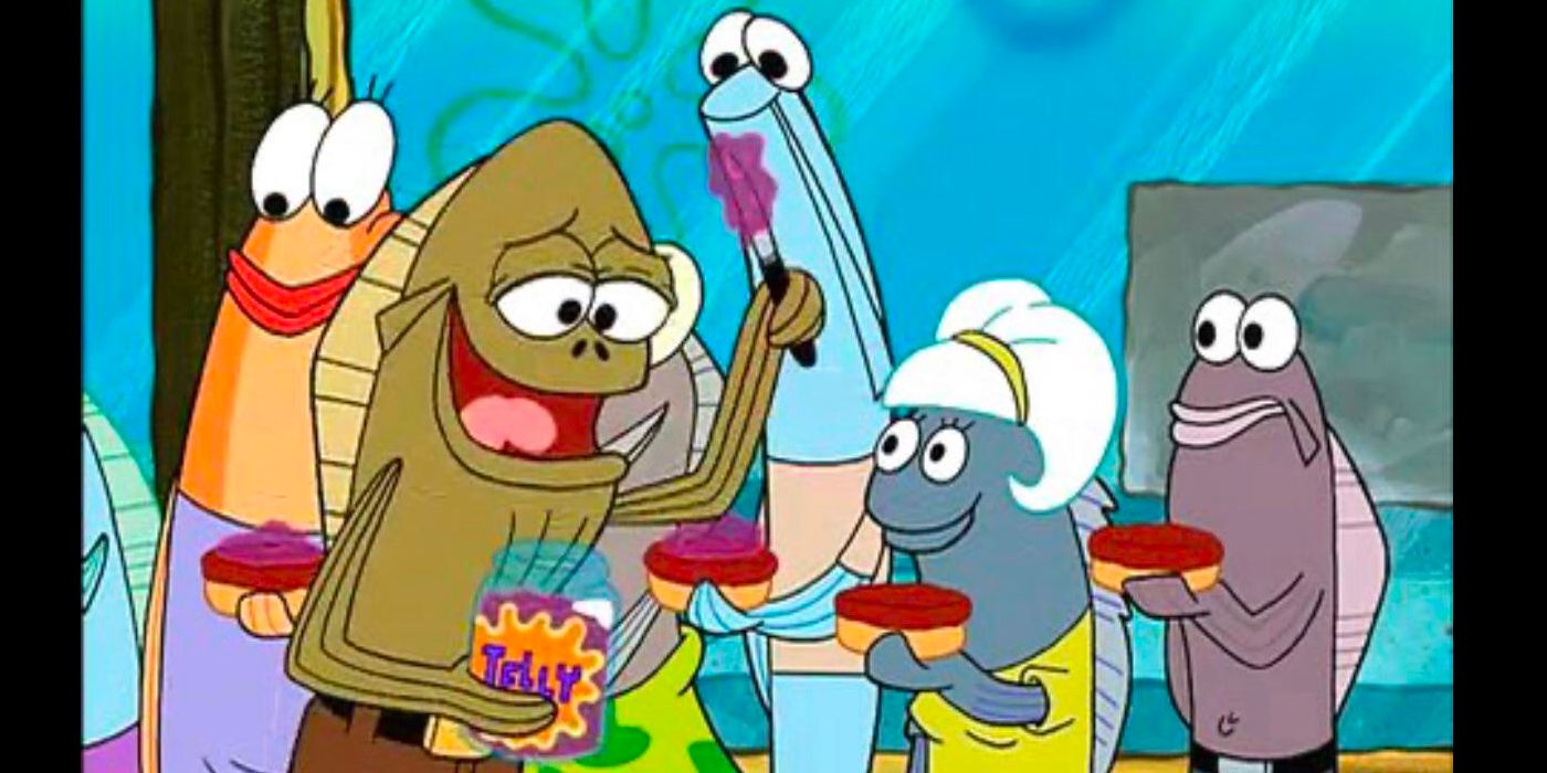A brown fish (left) holds a jar of jelly and spreads it on the Krabby Patties of a line of other fish. Image source: Reddit.com