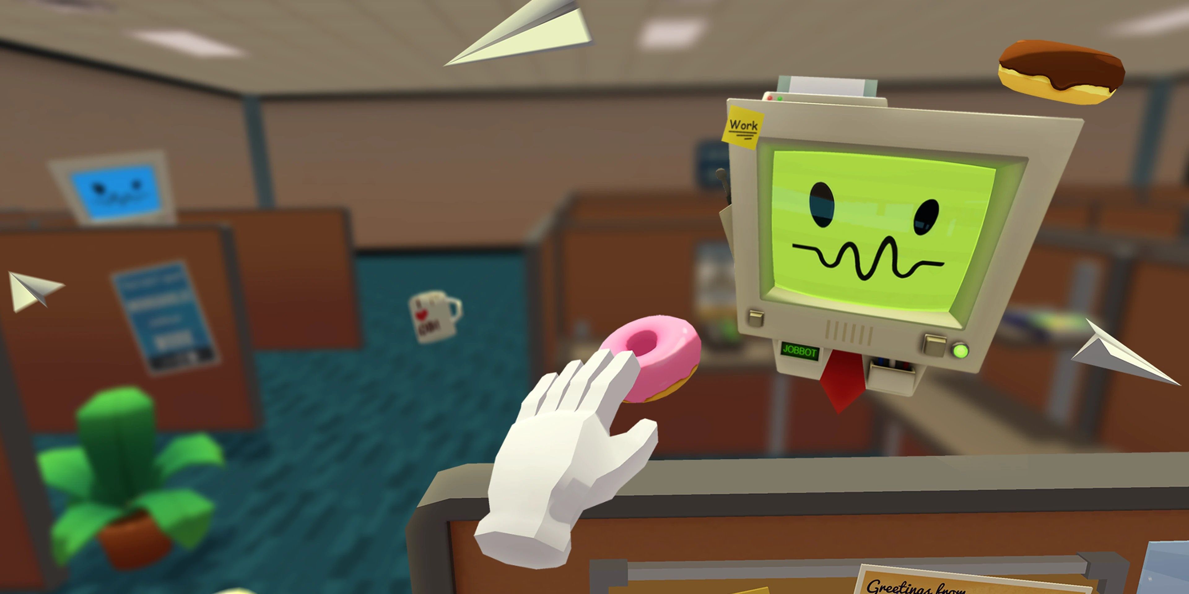 A player trying to hand a pink doughnut to a computer monitor wearing a tie in Job Simulator