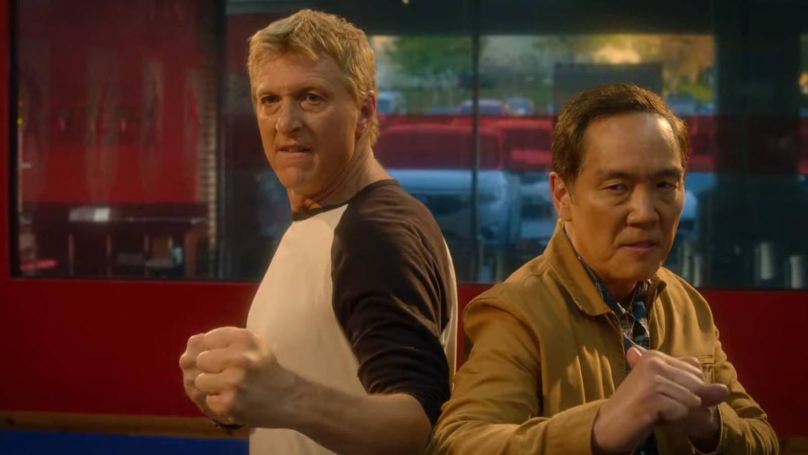 William Zabka and Johnny Lawrence Yuji Okumoto as Chozen in CObra Kai fight