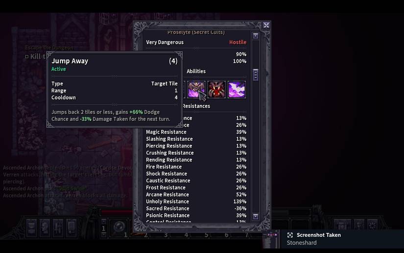 Information on Jump Away which has a range of 1 and a cooldown of 4.