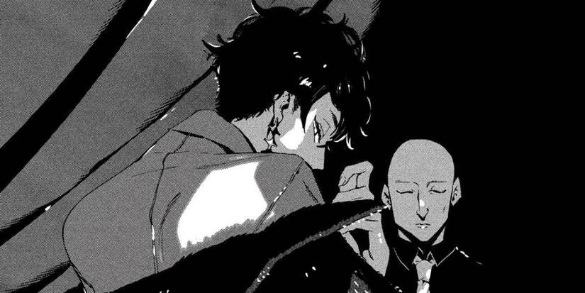 A manga panel featuring a handsome young man looking over his shoulder at the screen