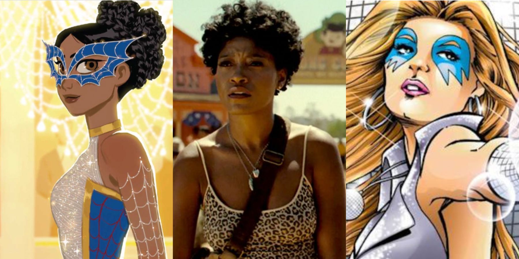 A split image features Spinstress in Marvel comics, Keke Palmer in NOPE, and Dazzler in Marvel comics