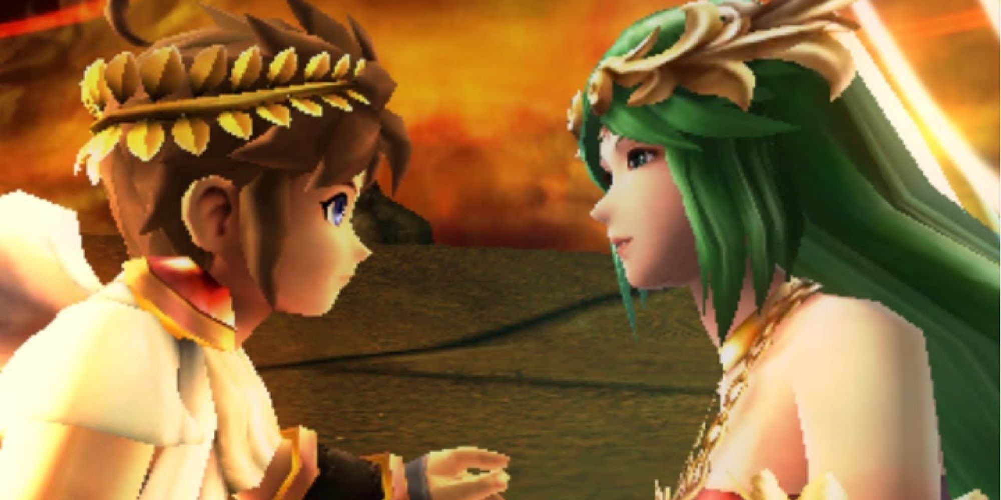Pit facing Palutena in a cutscene from Kid Icarus Uprising