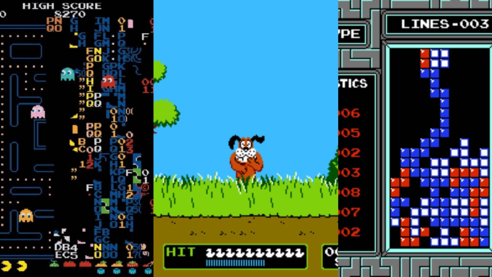 Left - Pac-Man Level 256, Center - Duck Hunt Dog Laughing, Right  - Tetris, Game Over