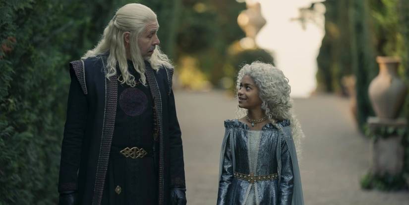 King Viserys walks through a garden with Laena in House of the Dragon