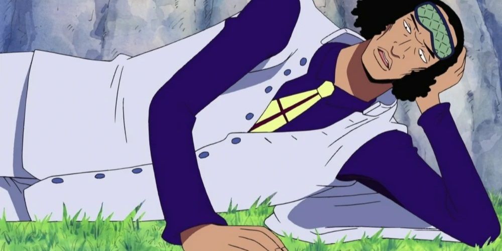 Aokiji laying down on an island in the One Piece anime