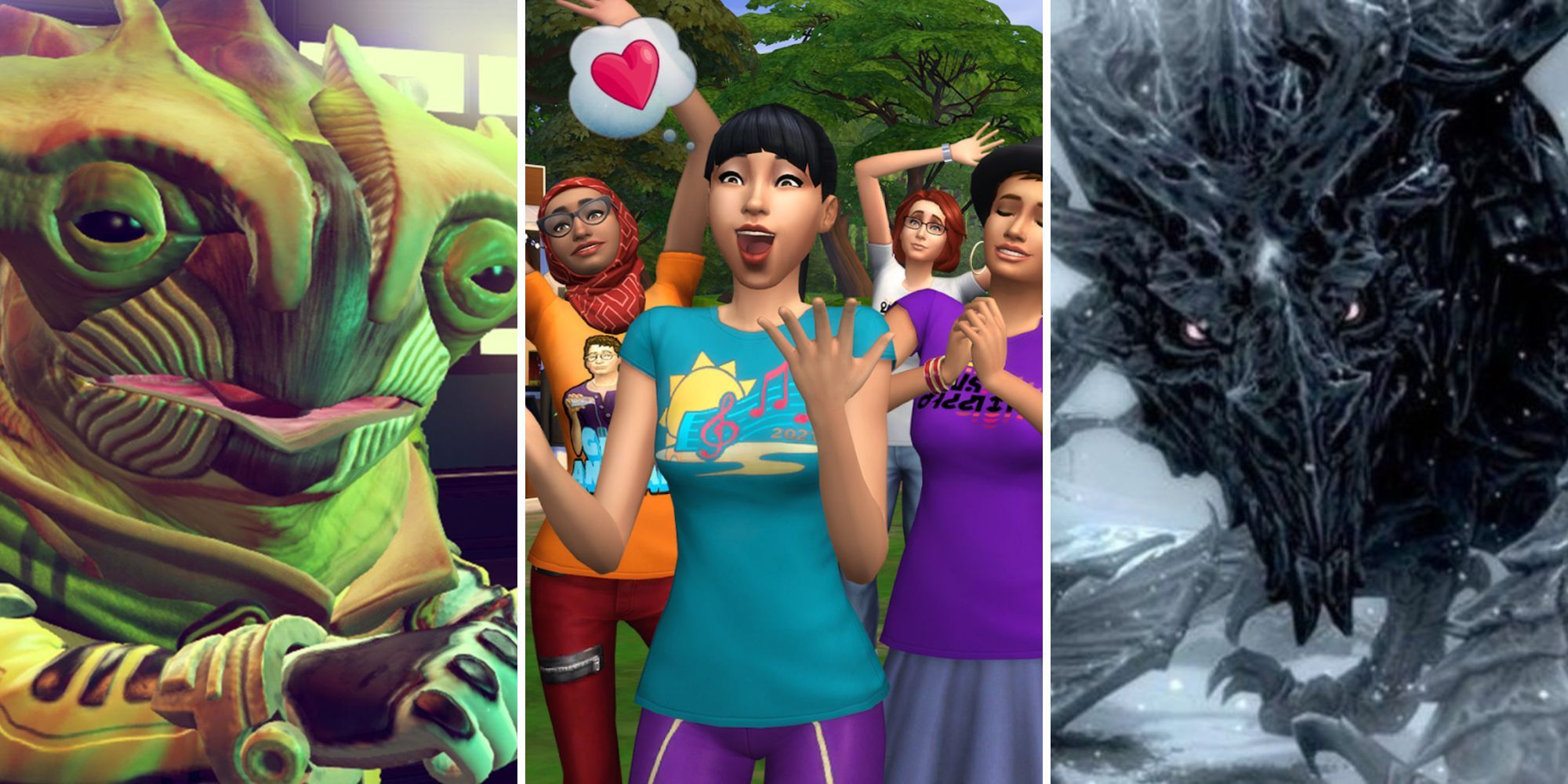 Photos of An alien from No Man's Sky, a group of sims from The Sims 4 and Alduin from Skyrim