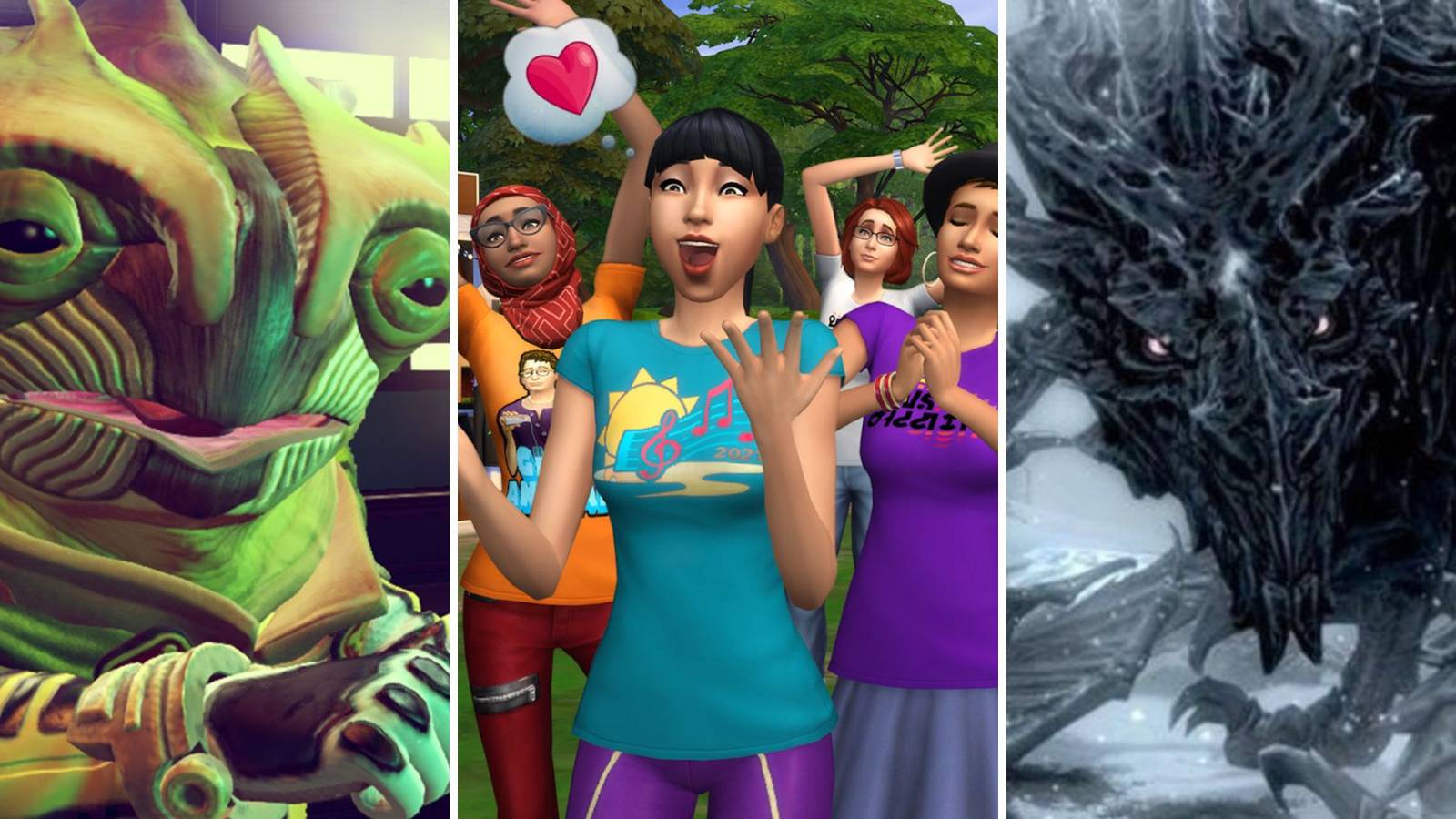 Photos of An alien from No Man's Sky, a group of sims from The Sims 4 and Alduin from Skyrim