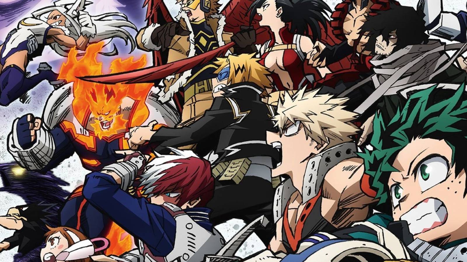 MHA season 6 poster featuring several characters leaping across the screen.