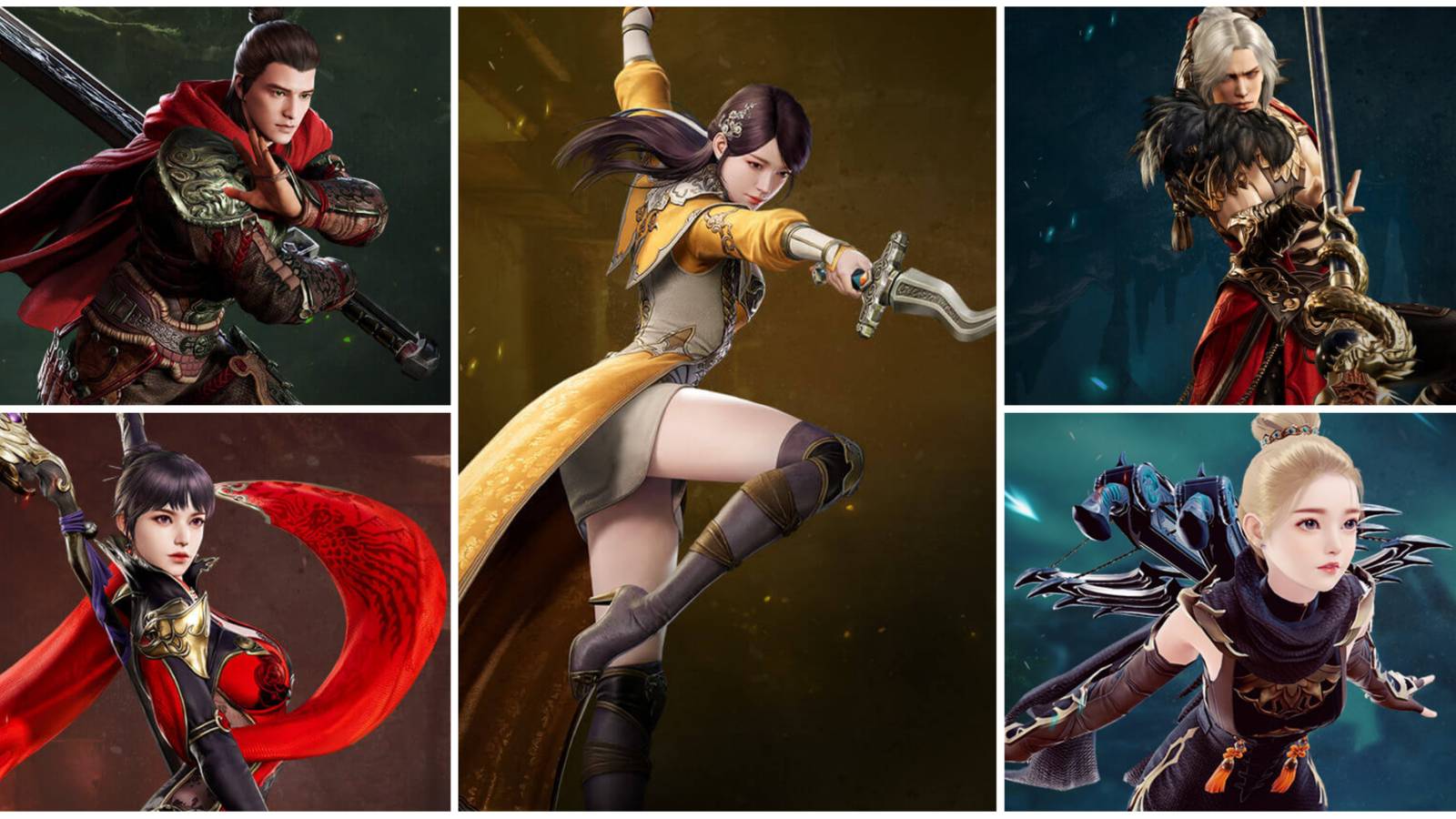 A collage of the Warrior, Sorcerer, Taoist, Lancer, and Arbalist character classes from MIR4