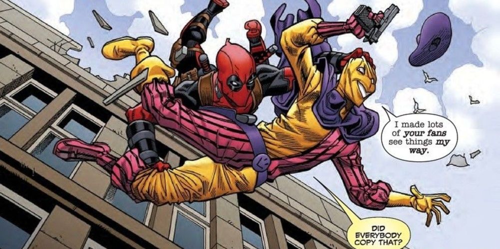 deadpool and madcap falling off a building