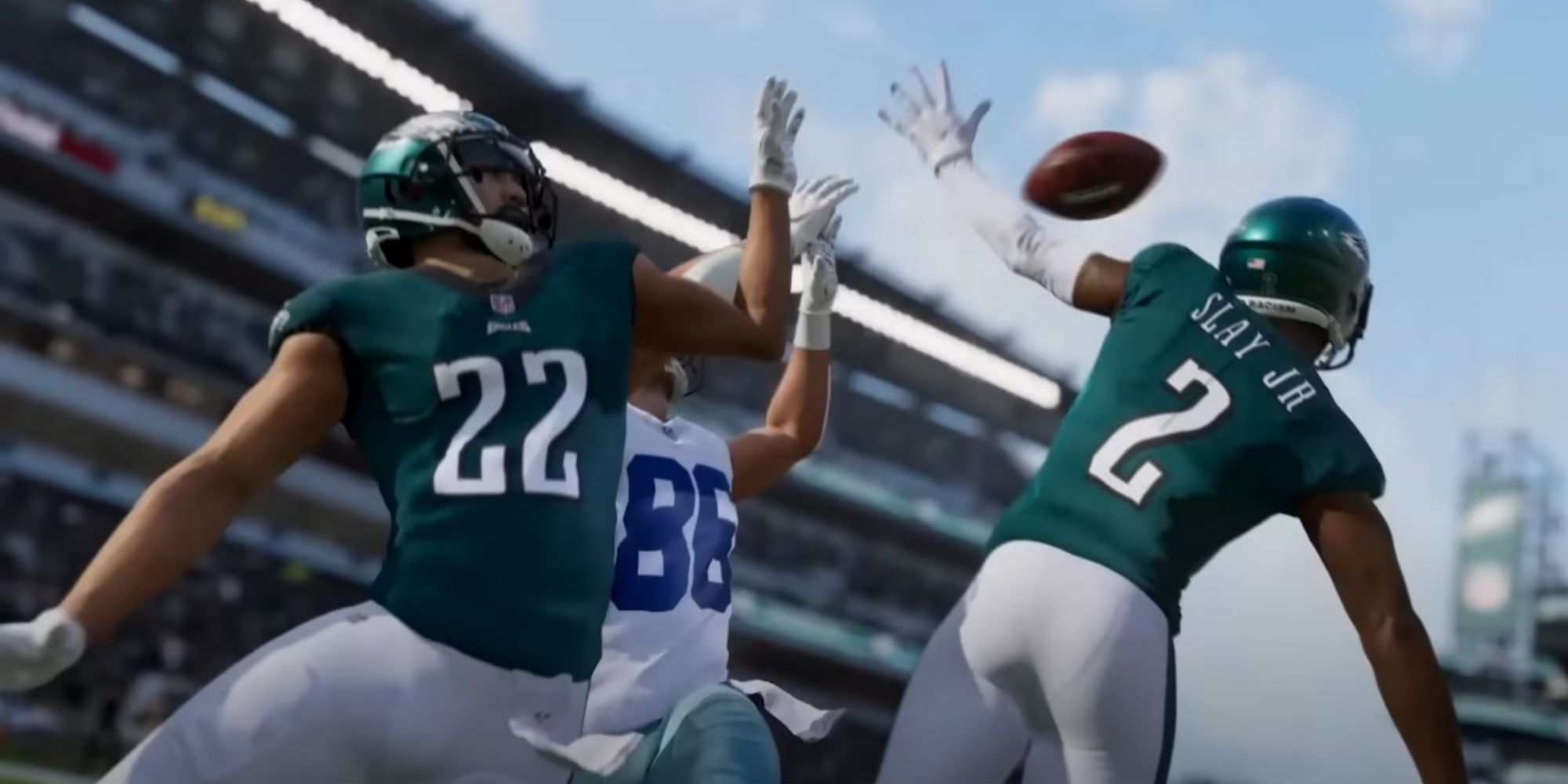 Madden NFL 23 blocks a pass with the Eagles