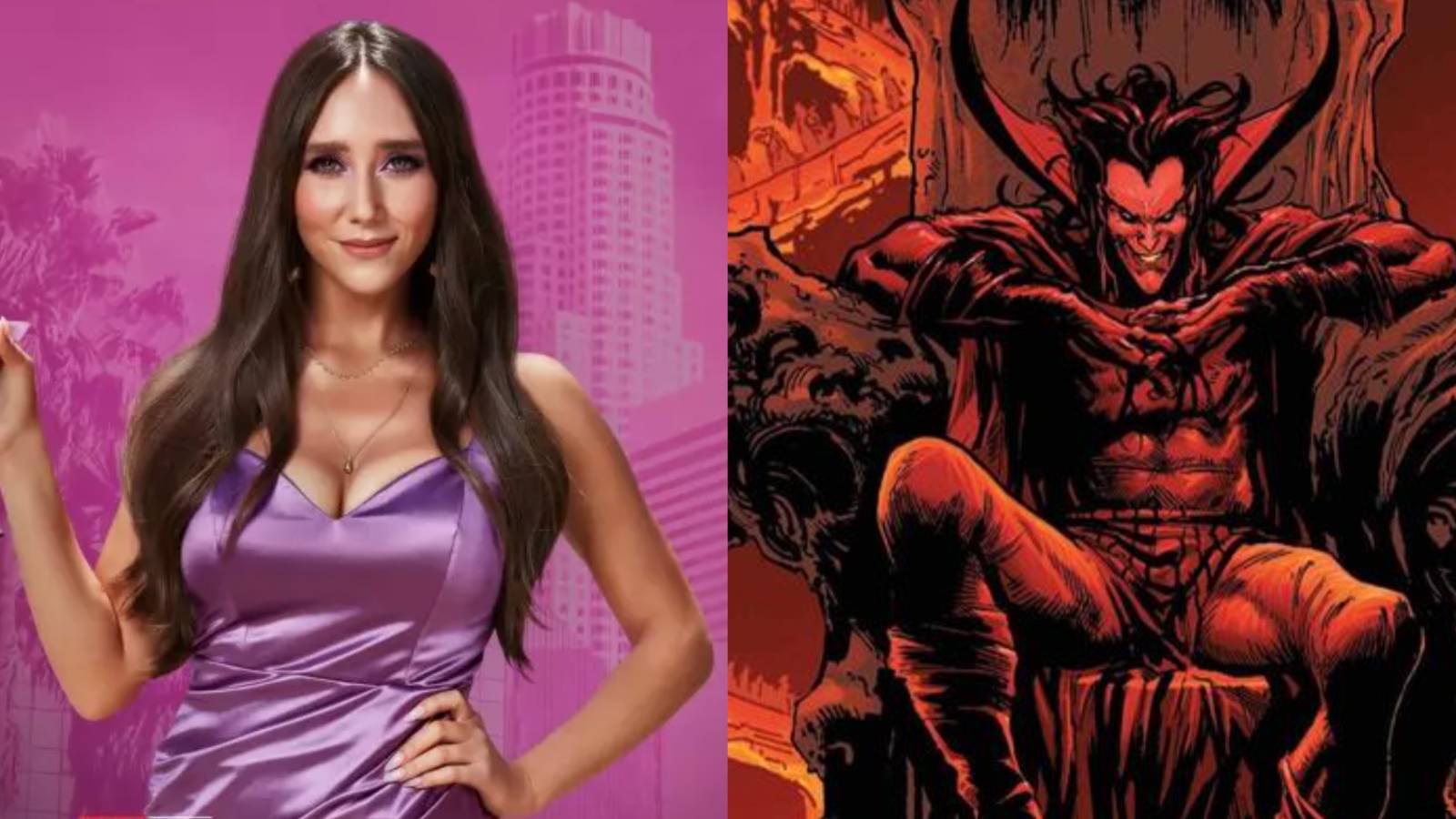 A split image features Madisynn in the Disney Plus series She-Hulk alongside Mephisto in Marvel comics