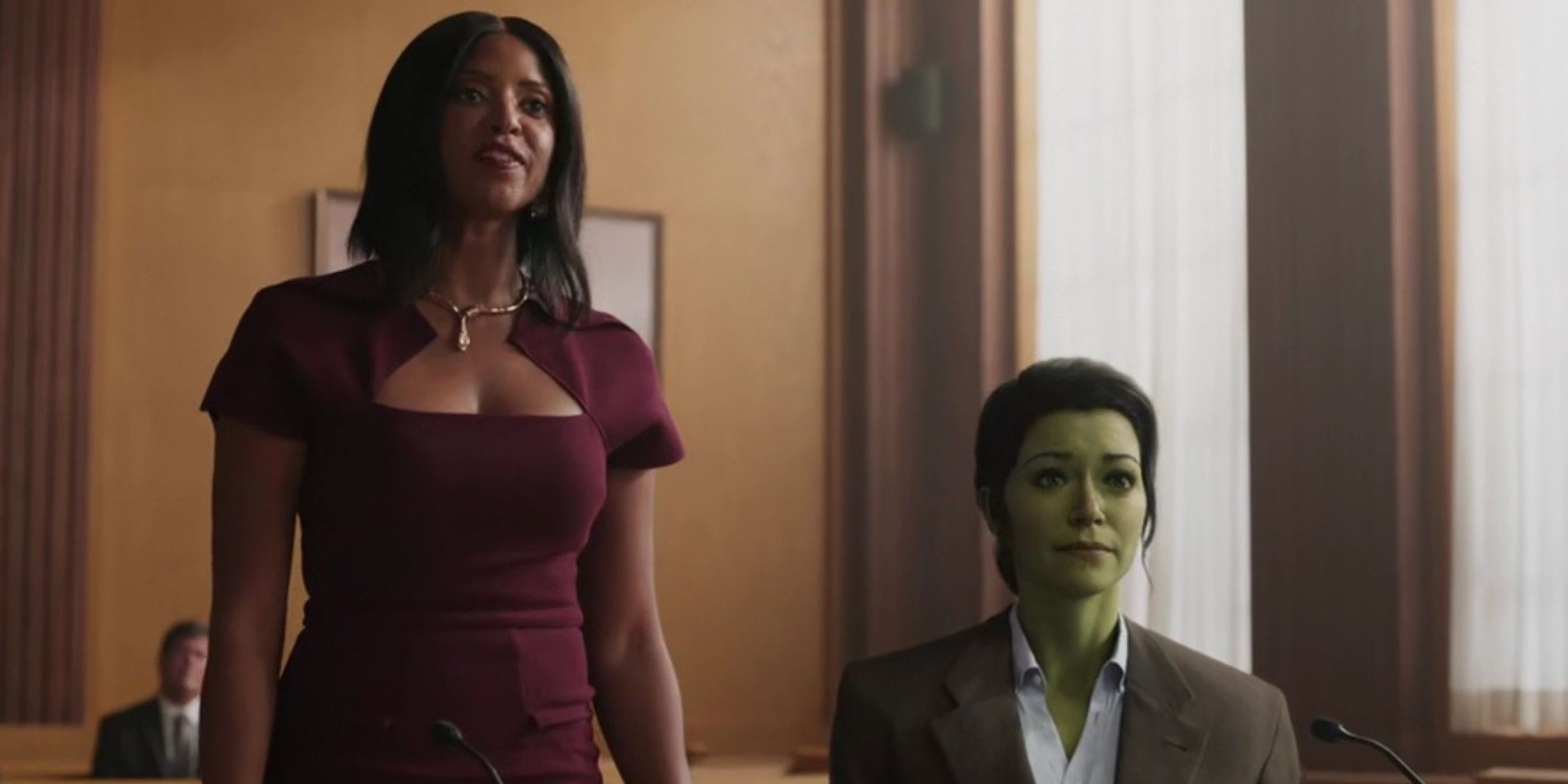 Mallory Book and Jen Walters in court in She-Hulk episode 5