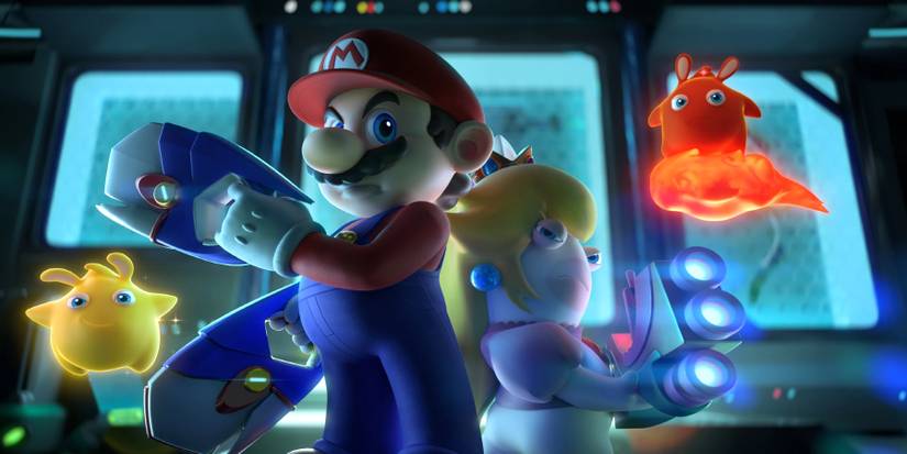 Mario, Rabbid Peach, and Sparks from Mario + Rabbids: Sparks of Hope
