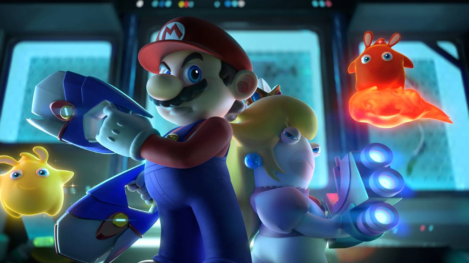 Mario, Rabbid Peach, and Sparks from Mario + Rabbids: Sparks of Hope