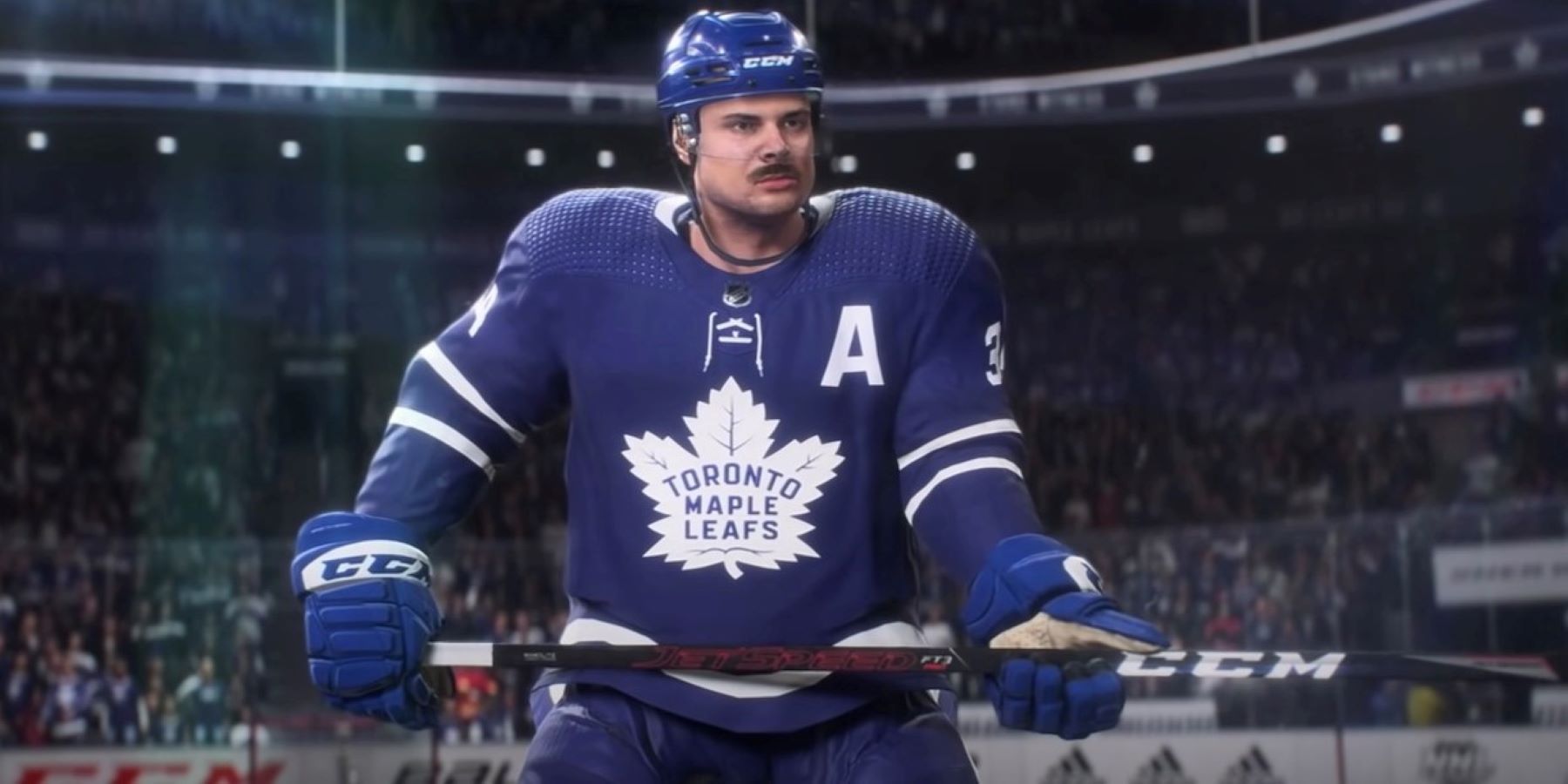 Auston Matthews playing for the Toronto Maple Leafs in NHL 22