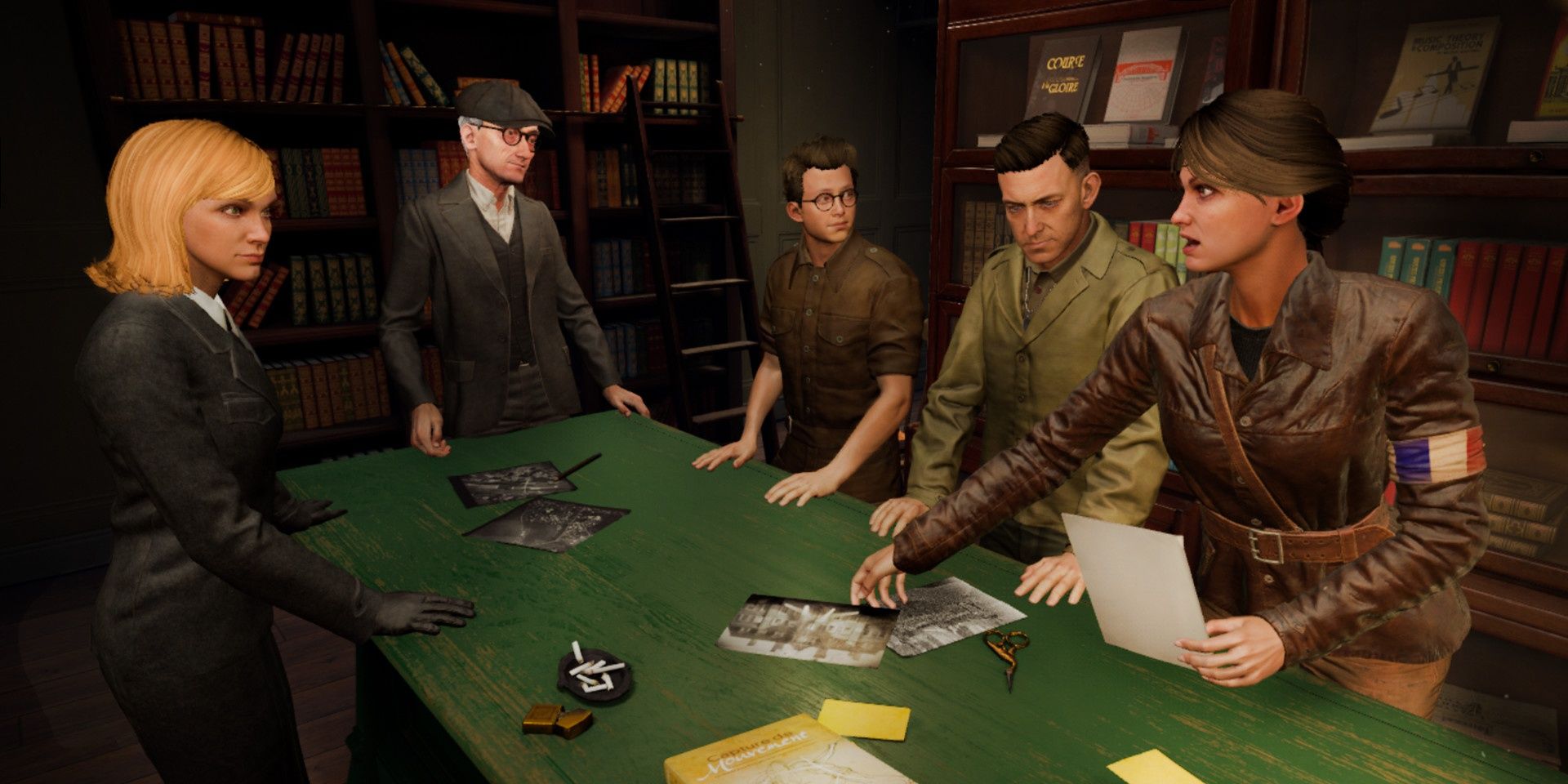 Five people standing around a table in suits and military uniforms planning in Medal of Honor: Above and Beyond