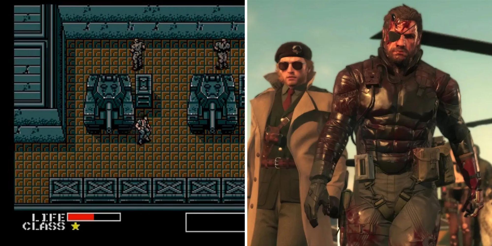 First image shows the original Metal Gear stealth while the second image shows Solid Snake in Metal Gear Solid walking towards the camera