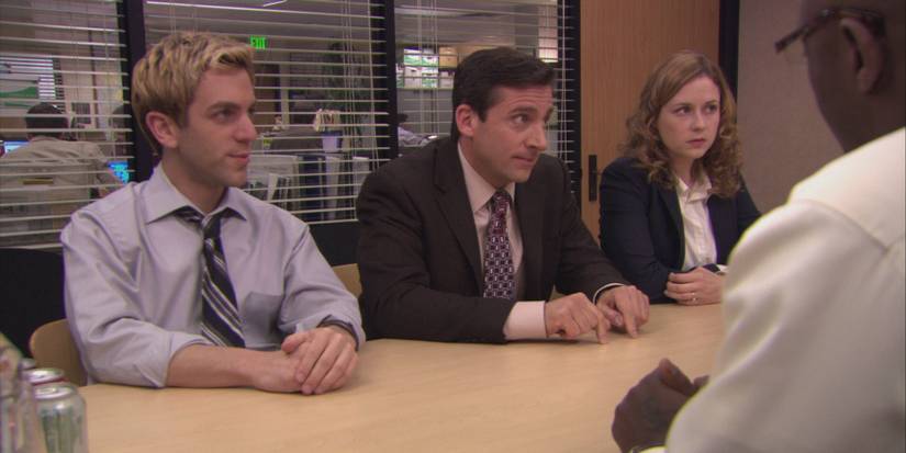 Michael, Pam, and Ryan in the conference room in The Office