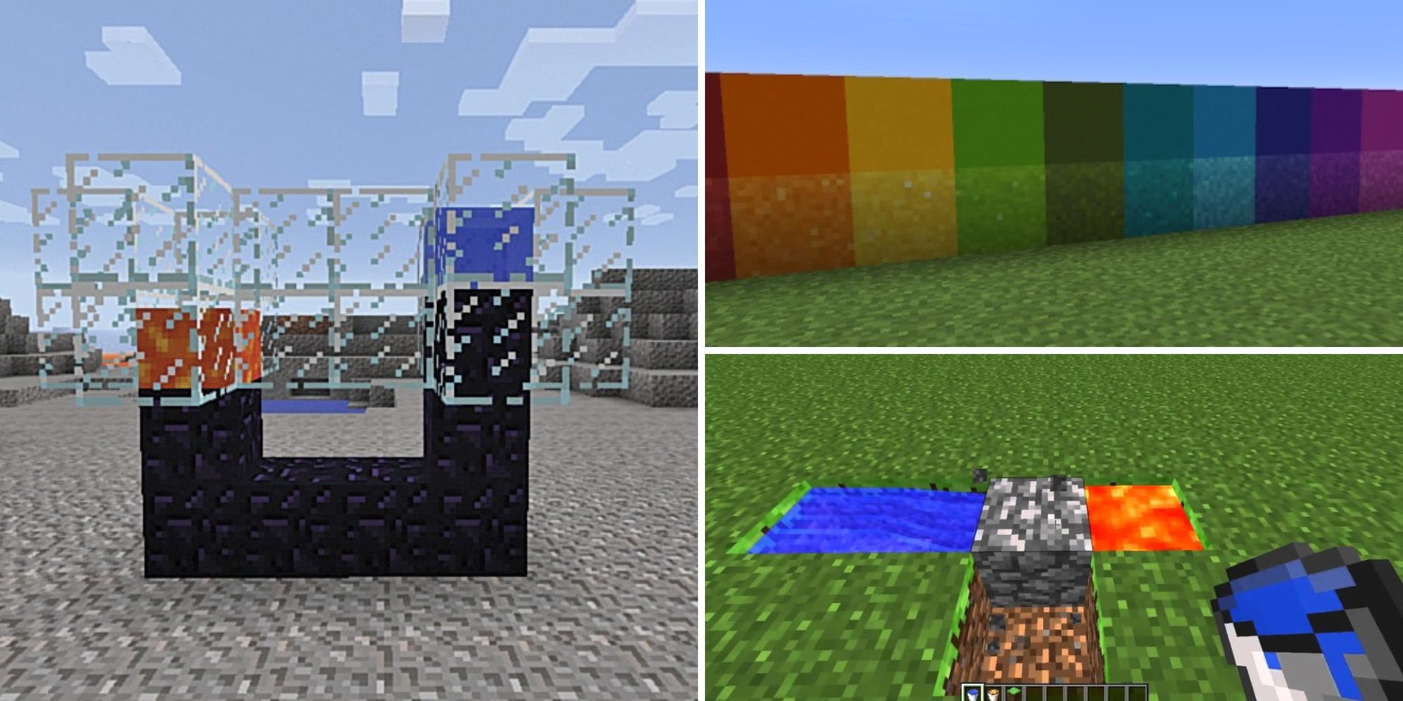 A nether portal being made with an obsidian generator, a cobblestone generator and a row of concrete in Minecraft 