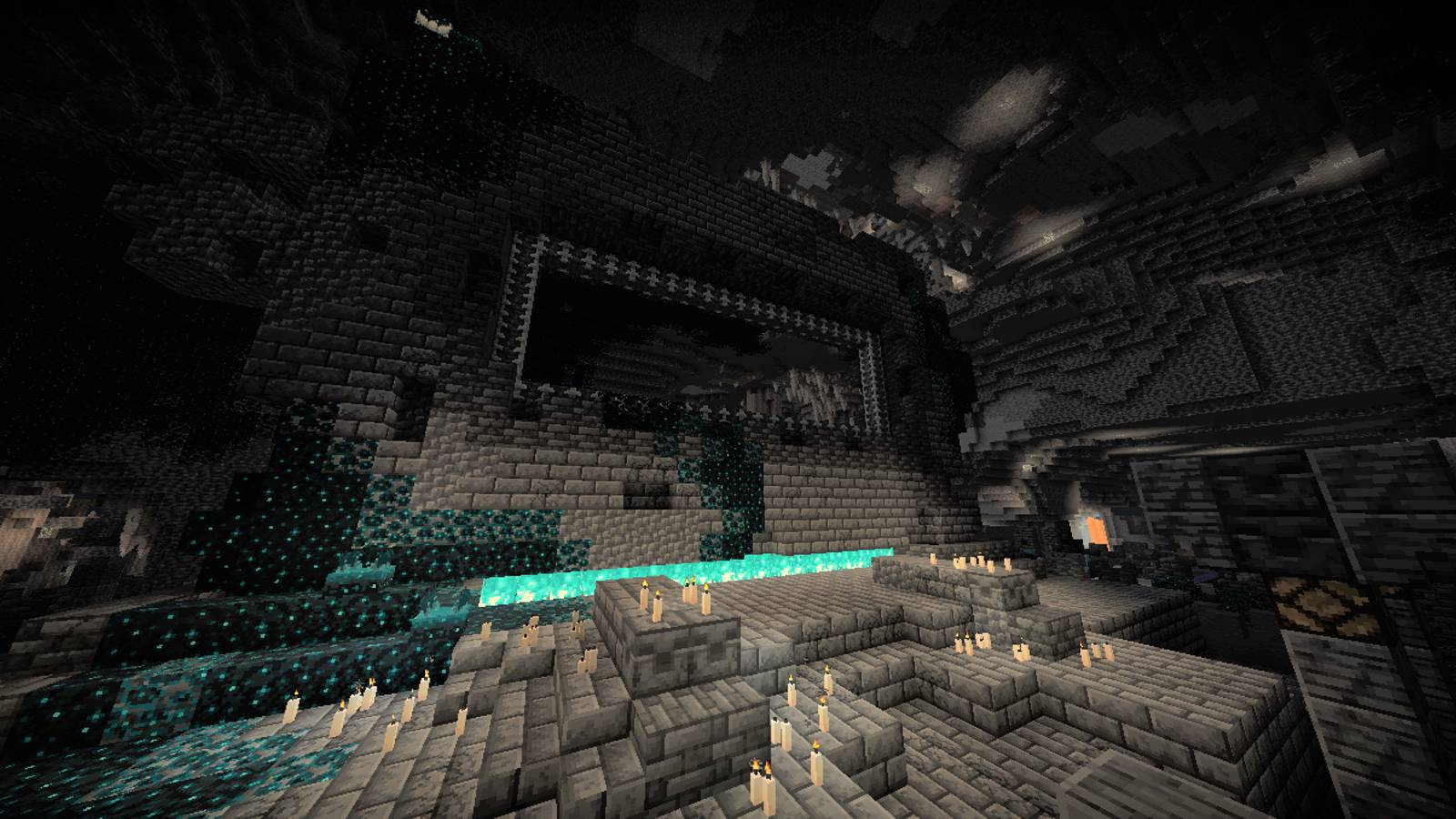 The Ancient City in Minecraft with a strange structure resembling both the Warden and a portal at its center. 