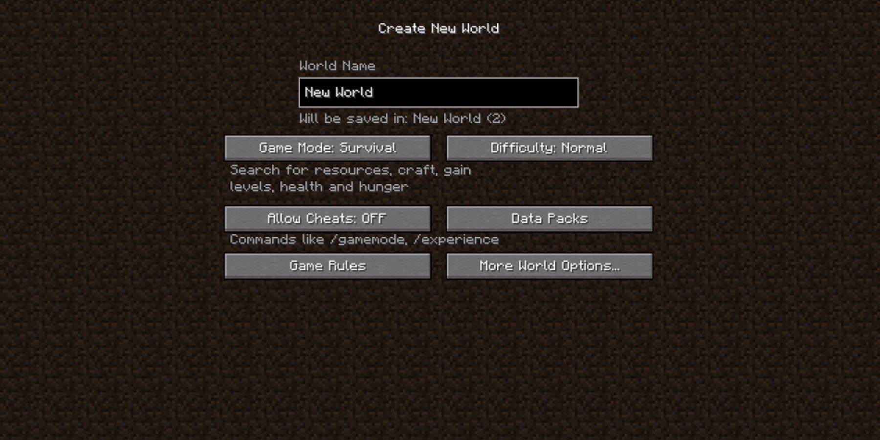 Minecraft Create New World Basic Settings
