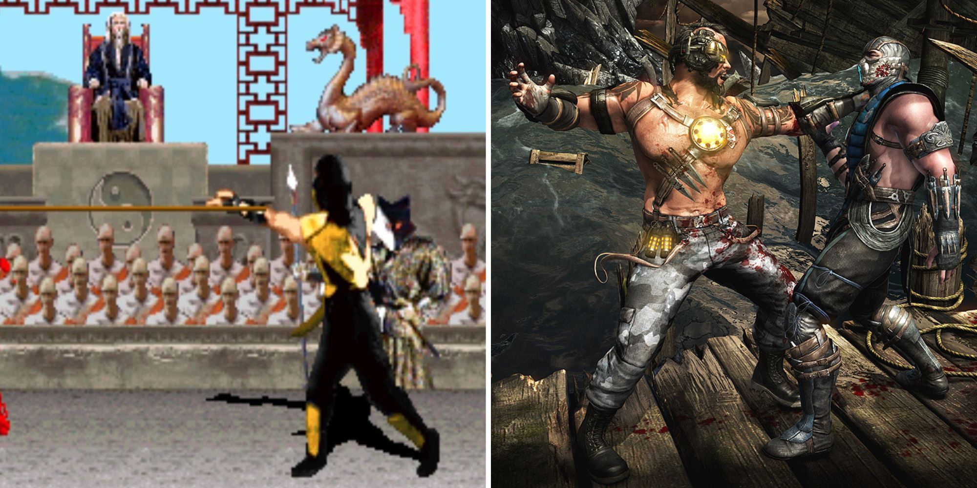 Scorpion from Mortal Kombat attacking in the original and two opponents brawling in Mortal Kombat X