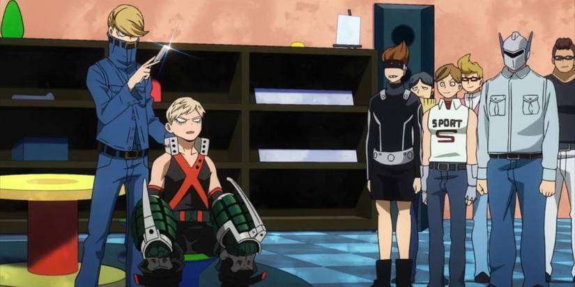 My Hero Academia Best Jeanist Combing Bakugo's Hair while some sidekicks stand to the side watching them