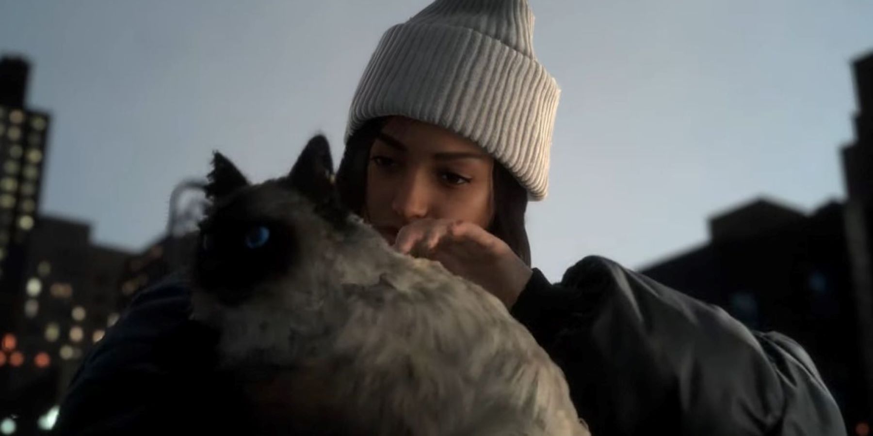 Forspoken protagonist Frey Holland petting her cat and walking through New York City