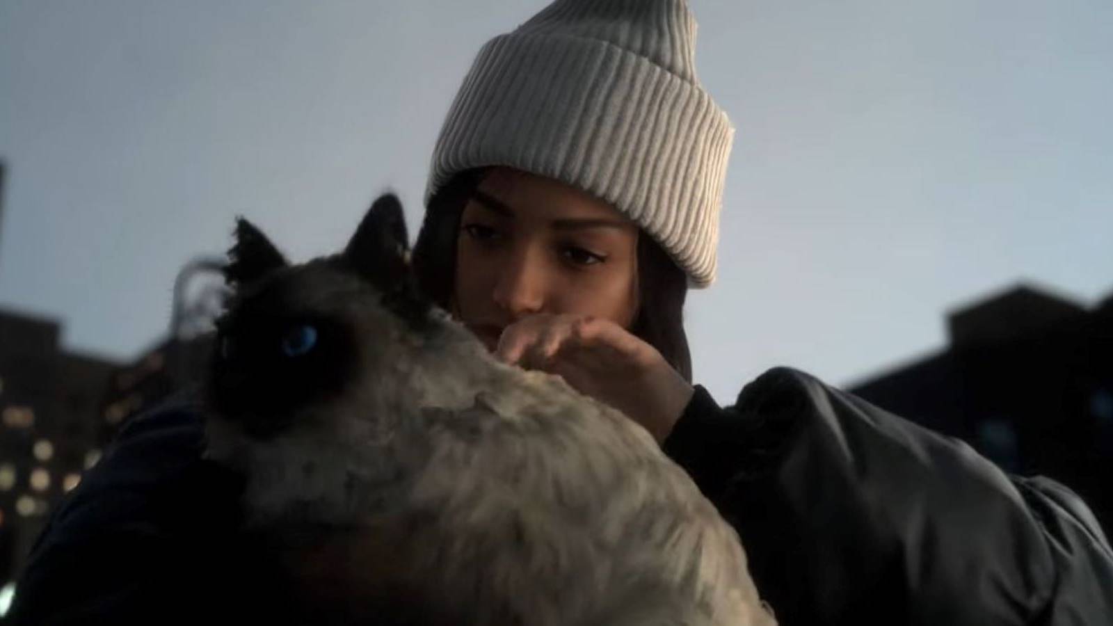 Forspoken protagonist Frey Holland petting her cat and walking through New York City