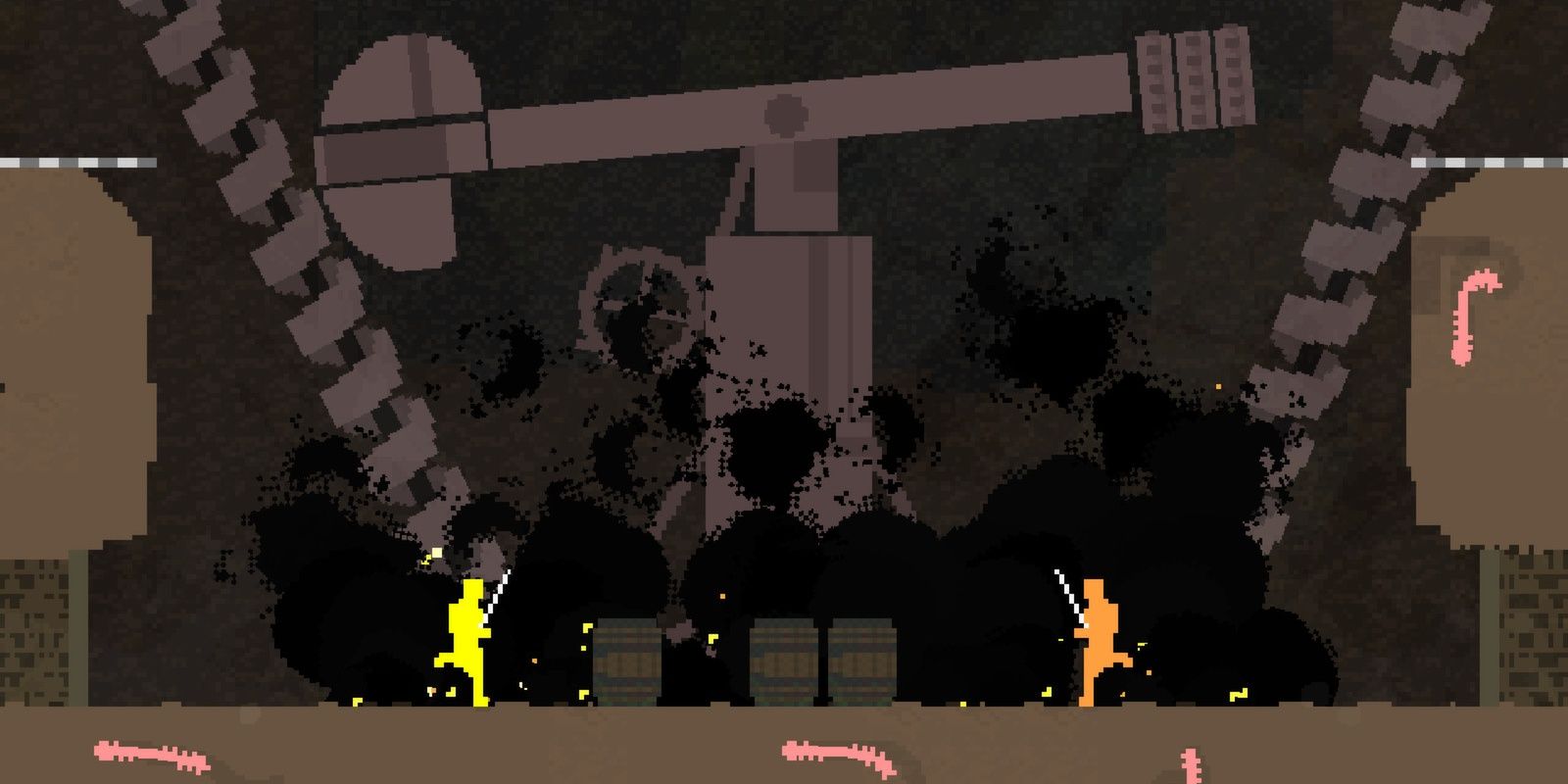 A Nidhogg screenshot of the two characters charging each other with swords and an Oil Rig in the background