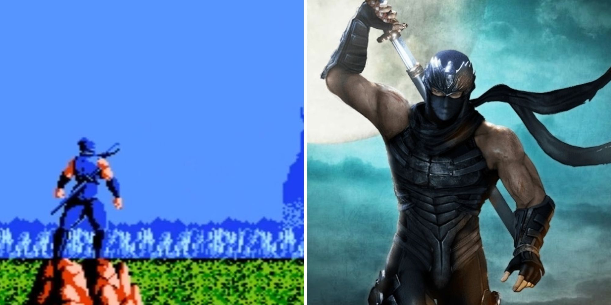 Pixel Ninja Gaiden character on the left and 3D Ninja Gaiden character walking on the right