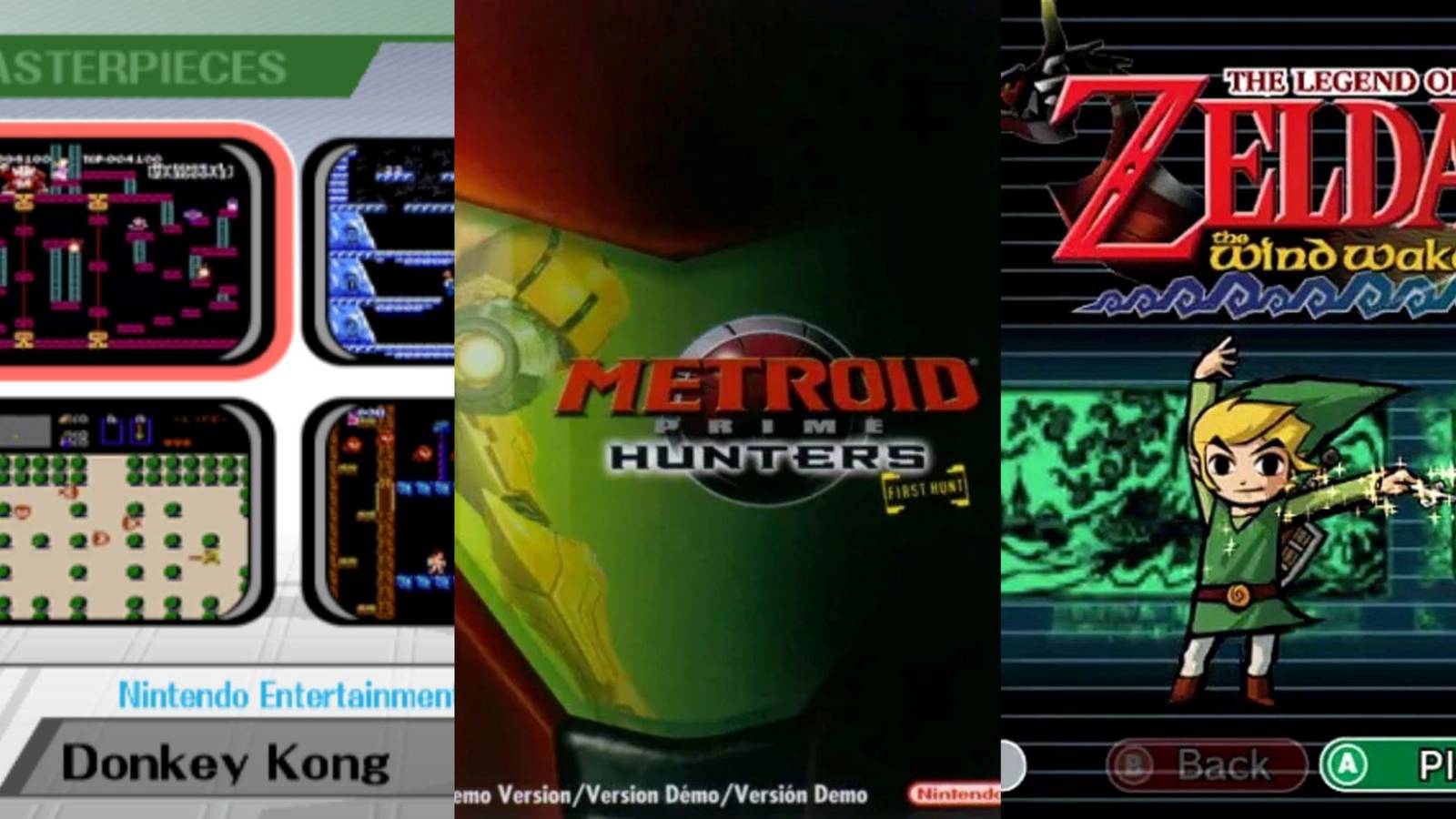 Left - Super Smash Bros. Brawl Masterpieces, Center - Metroid Prime Hunters First Hunt Cover, Right - The Legend of Zelda: the Wind Waker Demo