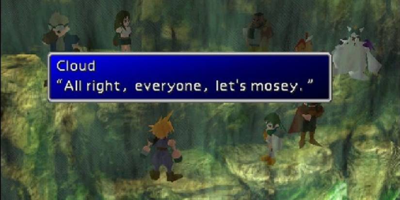 Cloud rallying the party at the Northern Cave in Final Fantasy 7