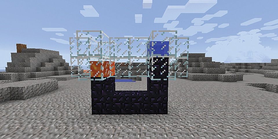 A player making a Nether Portal using an Obsidian Generator in Minecraft