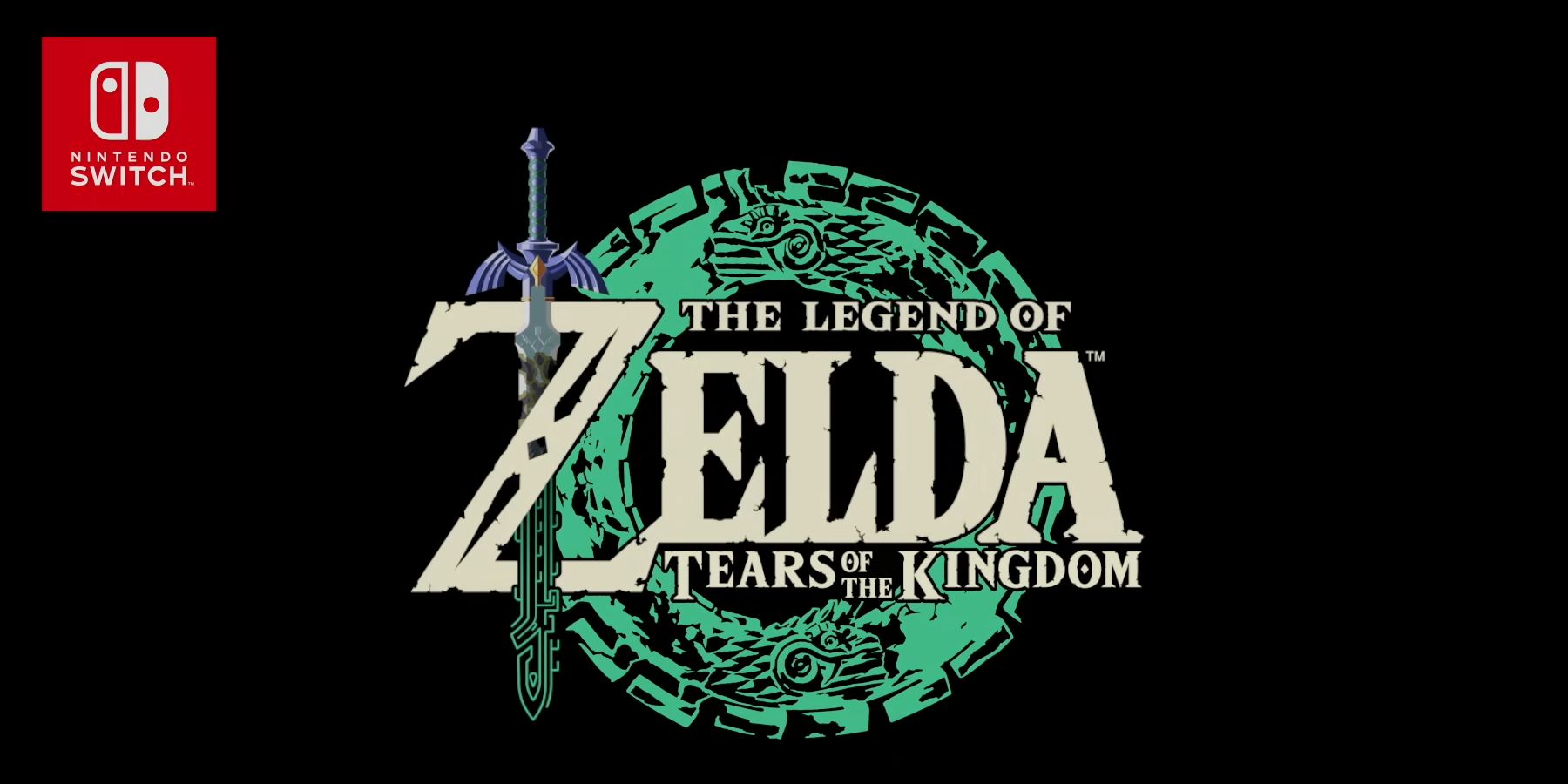 Official title art, reading "The Legend Of Zelda: Tears Of The Kingdom," with two green dragons making a ring around the title, and a sword with abstract linework on the left. Image source: Nintendo