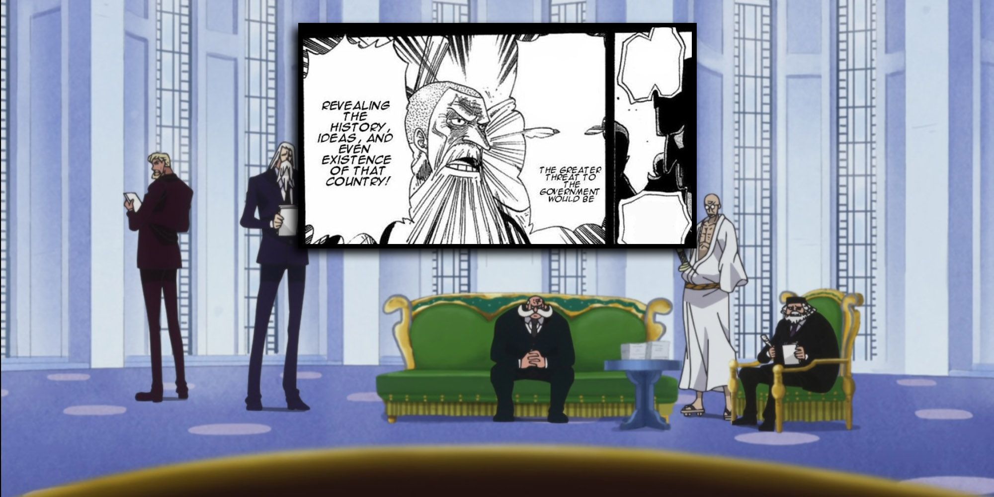 One Piece - Five Elders In Room Of Authority With Panel Of Professor Ohara Talking To Them About The Great Kingdom Overlaid On Top