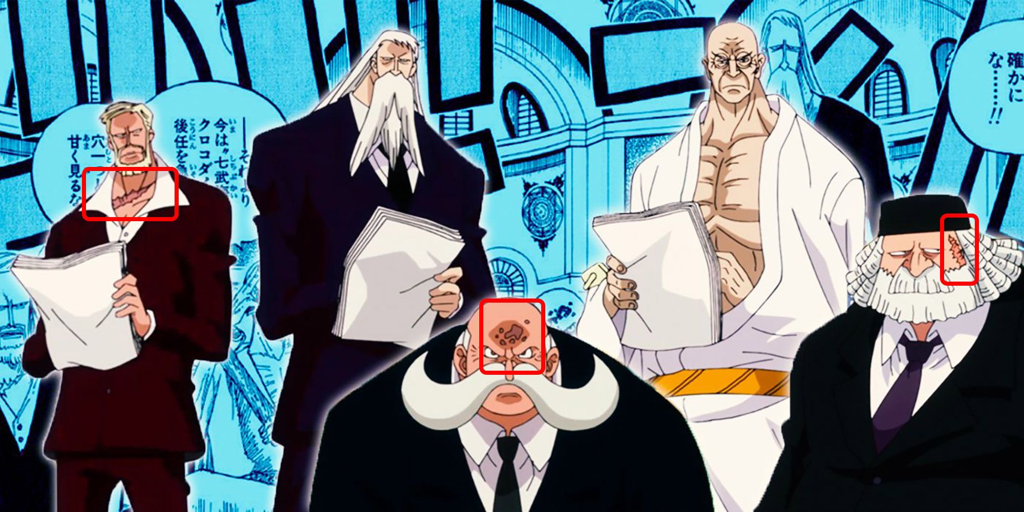 One Piece - The Scars Of The Five Elders Highlighted With Red Boxes Around Them