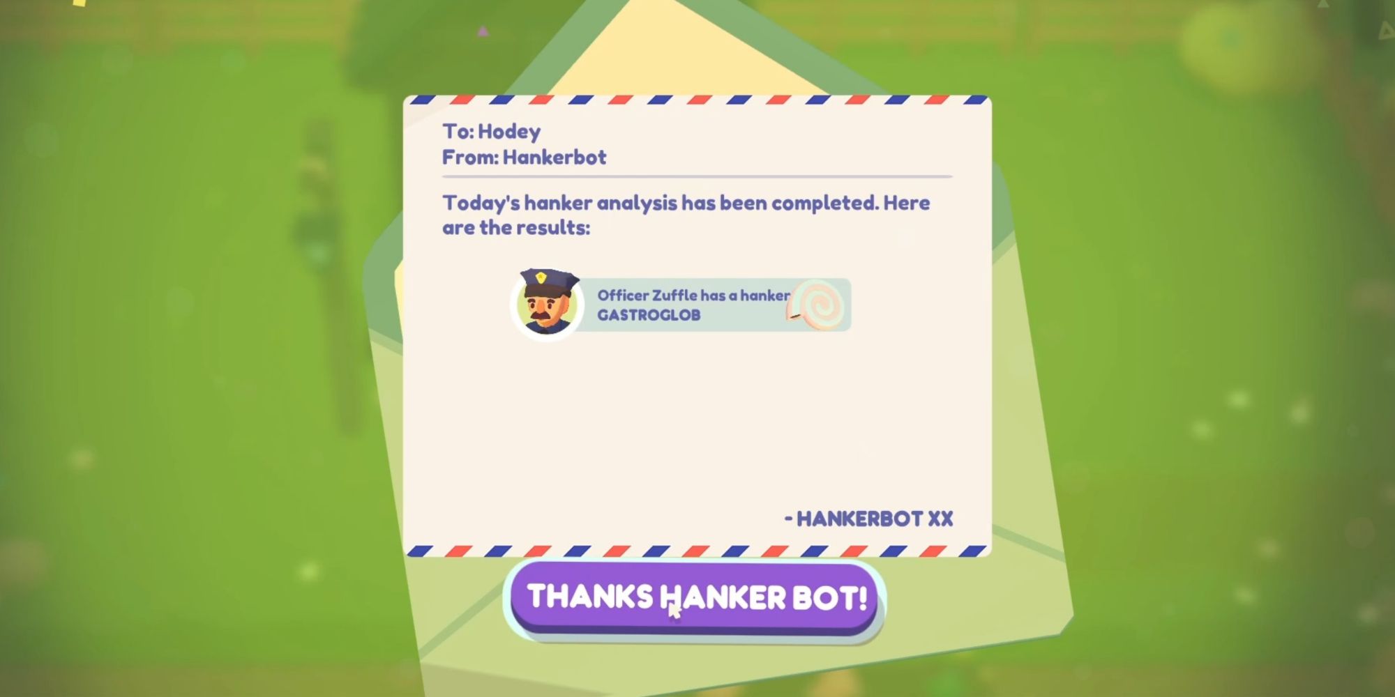 Ooblets recibiendo una solicitud del Hankerbot